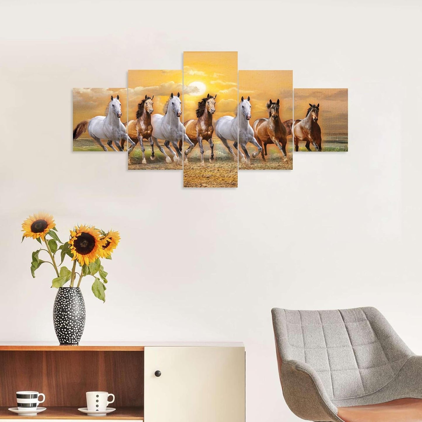 CRAFTOSEA Set of Five MDF Framed 3D Seven Horse Wall Painting for Home Decoration, Big Size Painting for Living Room, Bedroom (17x30 inches) WE 27