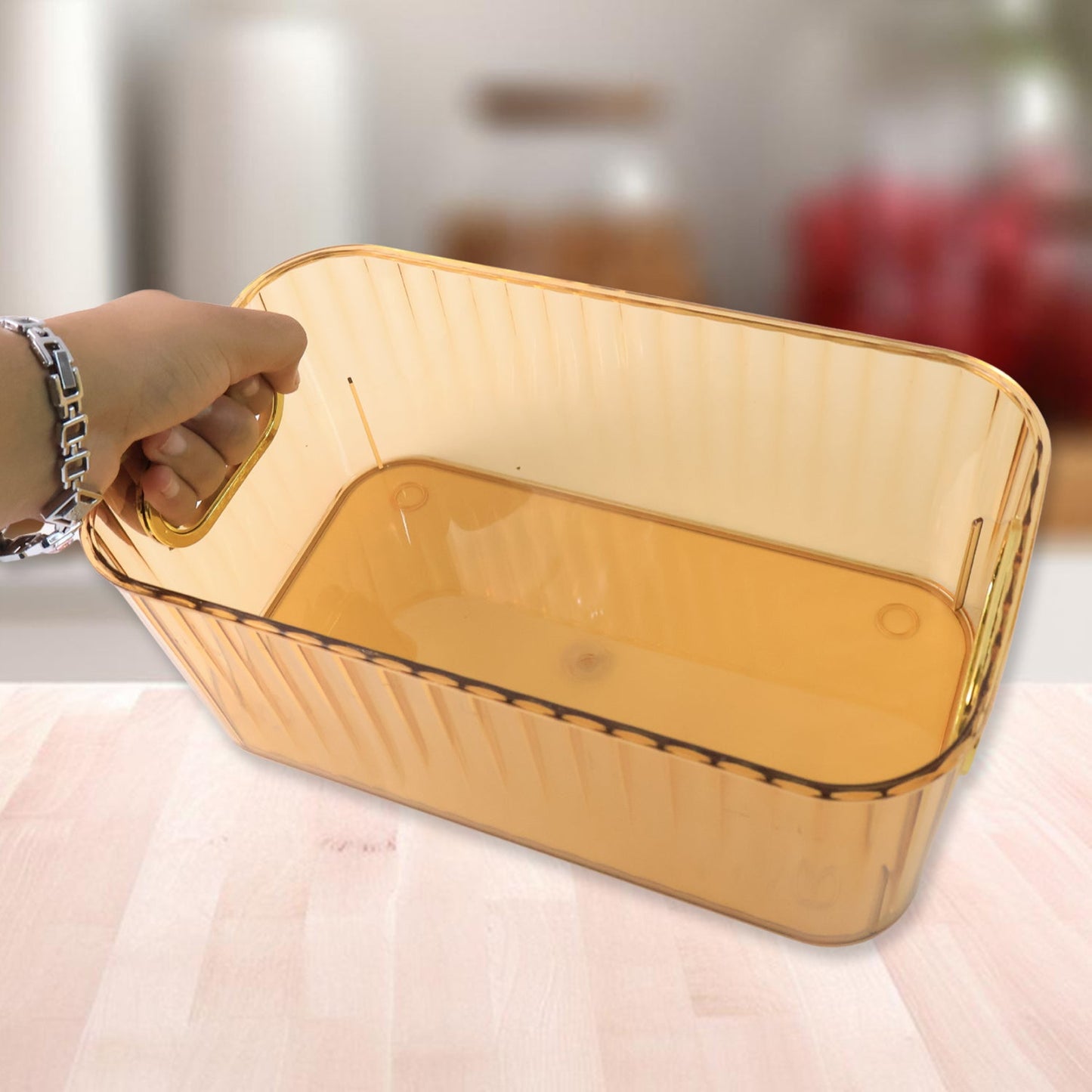 Premium Ribbed Transparent Storage Basket with Gold Handle – Multipurpose Kitchen &amp; Home Organizer Box (25x14cm / 2 Pc)