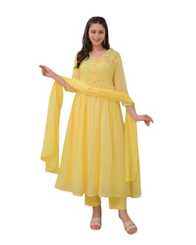 Women's Cotton Embroidered Anarkali Kurti with Pant and Dupatta Set