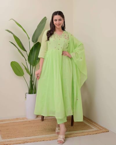 Women's Cotton Embroidered Anarkali Kurti with Pant and Dupatta Set