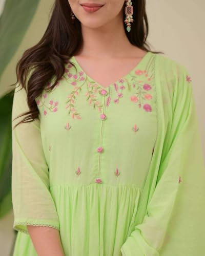 Women's Cotton Embroidered Anarkali Kurti with Pant and Dupatta Set