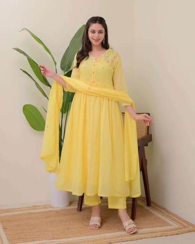 Women's Cotton Embroidered Anarkali Kurti with Pant and Dupatta Set