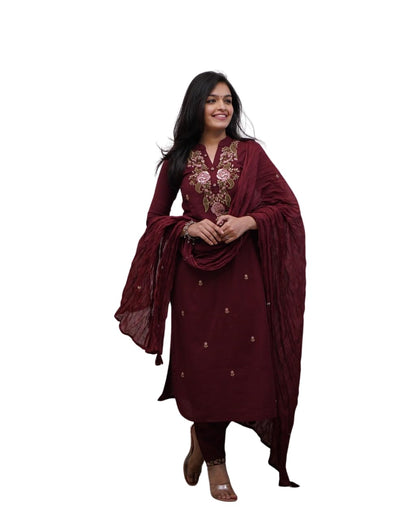Women's Cotton Embroidery work Straight kurti with Pant & mulmul dupatta set