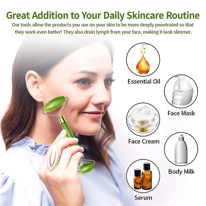 Jade Roller & Gua Sha Set – Natural Face Massager for Anti-Aging, Glowing Skin & Face Shaping (1 Pc)