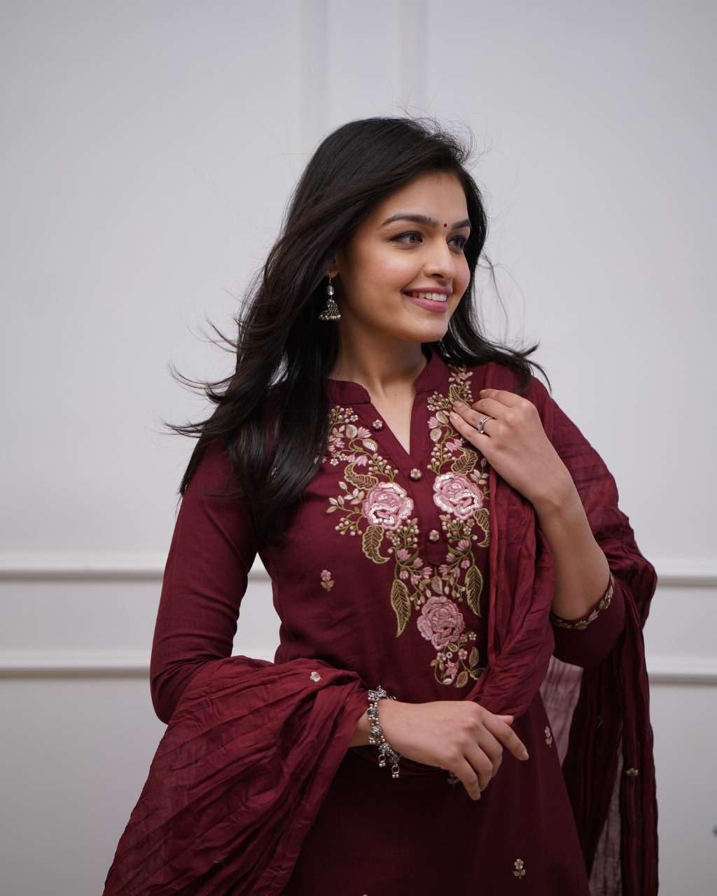 Women's Cotton Embroidery work Straight kurti with Pant & mulmul dupatta set