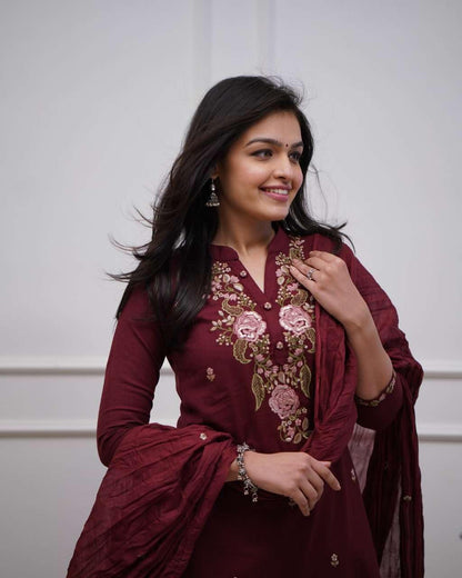 Women's Cotton Embroidery work Straight kurti with Pant & mulmul dupatta set