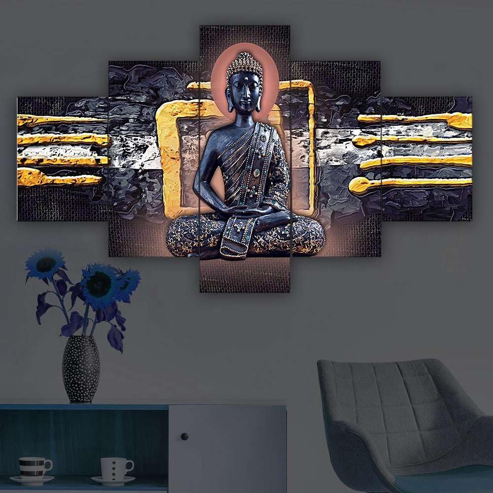 CRAFTOSEA Set of Five MDF Framed 3D Buddha Wall Painting for Home Decoration, Big Size Painting for Living Room, Bedroom (17x30 inches) WE 8