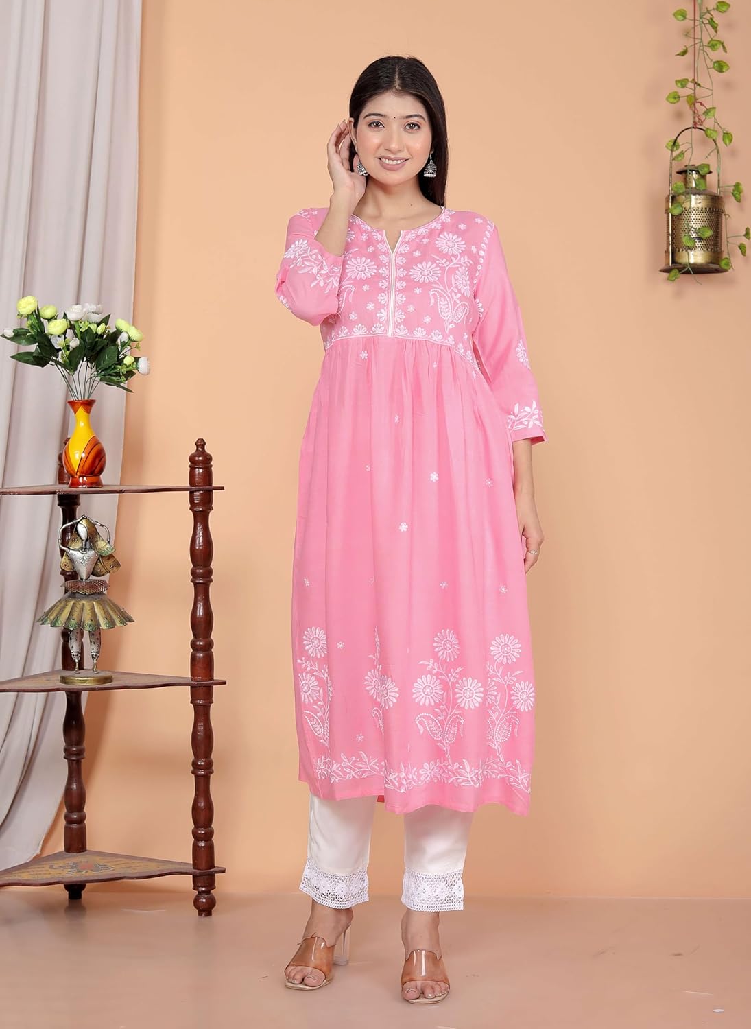Women's Rayon Embroidered vcut Collar Anarkali Kurti with Pant (Pink)