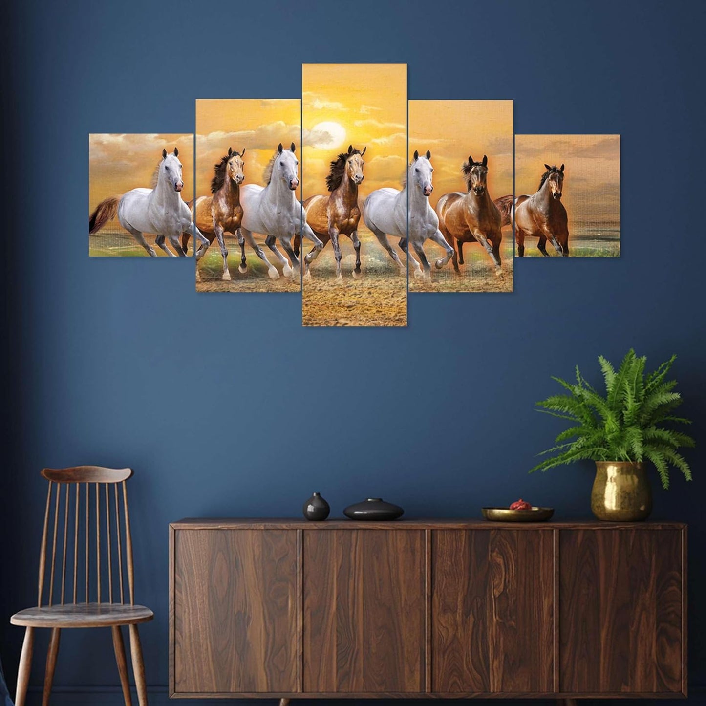 CRAFTOSEA Set of Five MDF Framed 3D Seven Horse Wall Painting for Home Decoration, Big Size Painting for Living Room, Bedroom (17x30 inches) WE 27