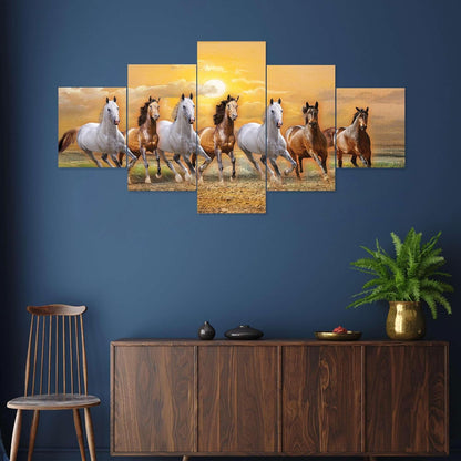 CRAFTOSEA Set of Five MDF Framed 3D Seven Horse Wall Painting for Home Decoration, Big Size Painting for Living Room, Bedroom (17x30 inches) WE 27