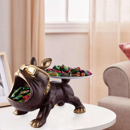 Decorative Bulldog Sculpture| Handcrafted Resin Sculpture | Tray and Bowl Storage | Ideal for Keys, Jewelry, and Trinkets | Stylish Gift Item (Dark Brown)