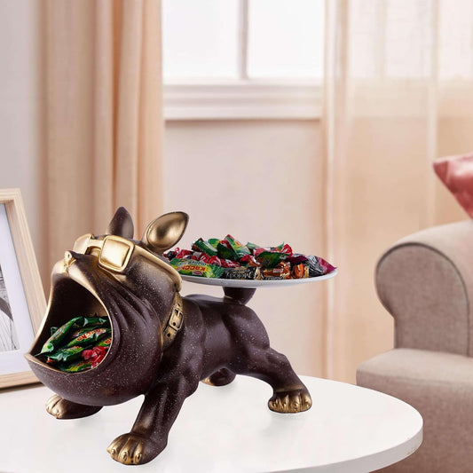 Decorative Bulldog Sculpture| Handcrafted Resin Sculpture | Tray and Bowl Storage | Ideal for Keys, Jewelry, and Trinkets | Stylish Gift Item (Dark Brown)