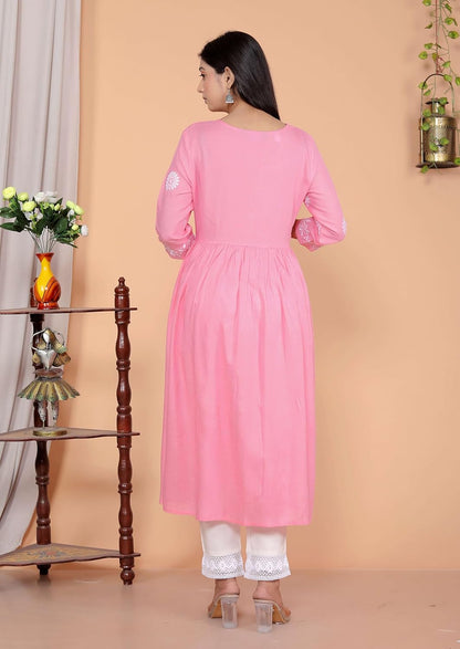 Women's Rayon Embroidered vcut Collar Anarkali Kurti with Pant (Pink)
