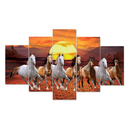 CRAFTOSEA Set of Five MDF Framed 3D Seven Horse Wall Painting for Home Decoration, Big Size Painting for Living Room, Bedroom (17x30 inches) WE 27