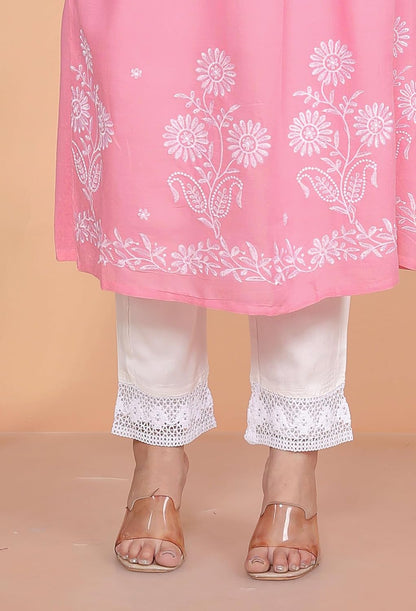 Women's Rayon Embroidered vcut Collar Anarkali Kurti with Pant (Pink)