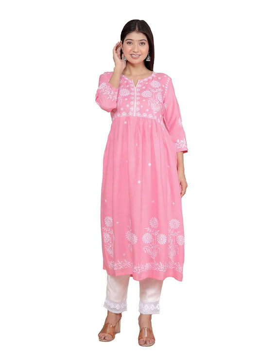 Women's Rayon Embroidered vcut Collar Anarkali Kurti with Pant (Pink)