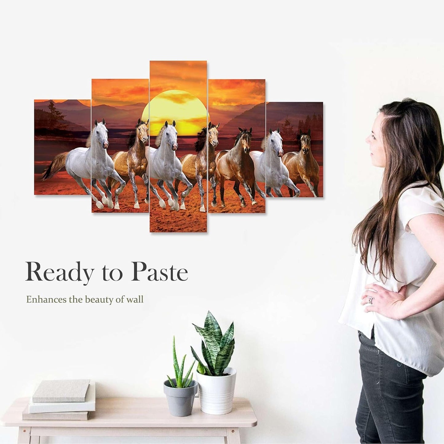 CRAFTOSEA Set of Five MDF Framed 3D Seven Horse Wall Painting for Home Decoration, Big Size Painting for Living Room, Bedroom (17x30 inches) WE 27