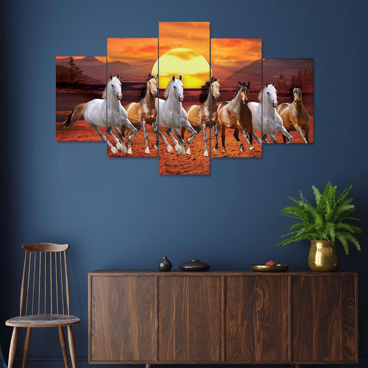 CRAFTOSEA Set of Five MDF Framed 3D Seven Horse Wall Painting for Home Decoration, Big Size Painting for Living Room, Bedroom (17x30 inches) WE 27