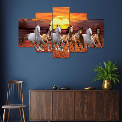 CRAFTOSEA Set of Five MDF Framed 3D Seven Horse Wall Painting for Home Decoration, Big Size Painting for Living Room, Bedroom (17x30 inches) WE 27