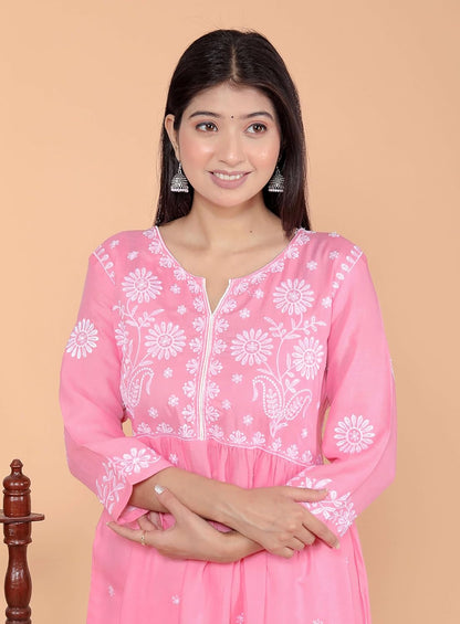 Women's Rayon Embroidered vcut Collar Anarkali Kurti with Pant (Pink)