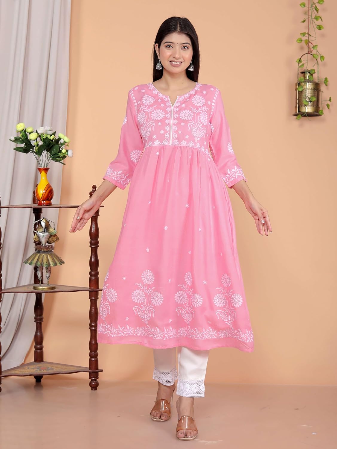 Women's Rayon Embroidered vcut Collar Anarkali Kurti with Pant (Pink)