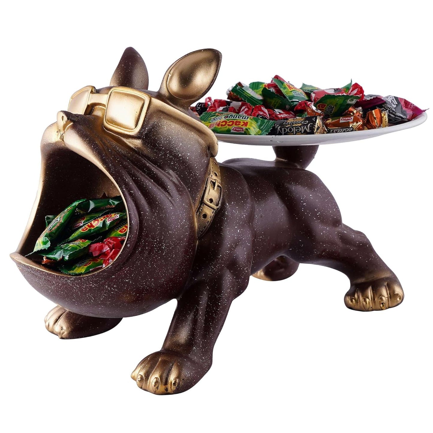 Decorative Bulldog Sculpture| Handcrafted Resin Sculpture | Tray and Bowl Storage | Ideal for Keys, Jewelry, and Trinkets | Stylish Gift Item (Dark Brown)