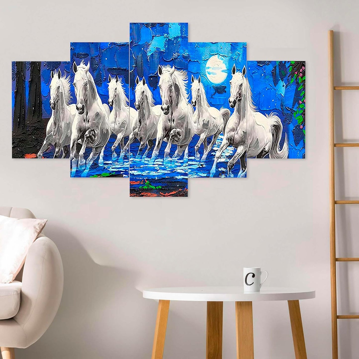 CRAFTOSEA Set of Five MDF Framed 3D Seven Horse Wall Painting for Home Decoration, Big Size Painting for Living Room, Bedroom (17x30 inches) WE 27