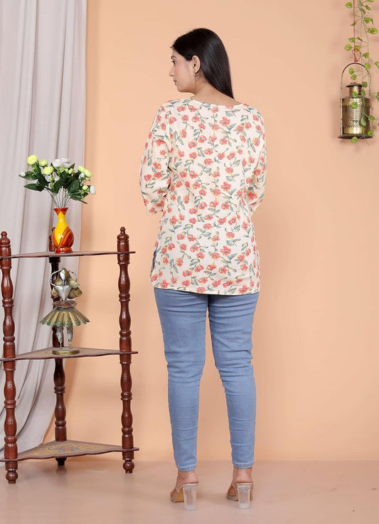 Women's Short Kurti Tops for Jeans | Stylish Rayon Kurta for Girls | Trendy Ethnic Short Kurta for Daily & Office Wear PR29 White