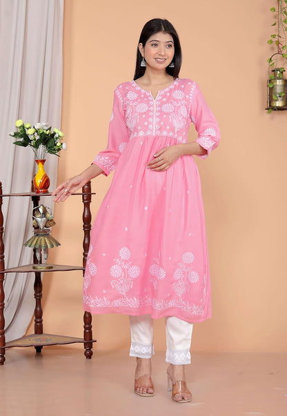 Women's Rayon Embroidered vcut Collar Anarkali Kurti with Pant (Pink)