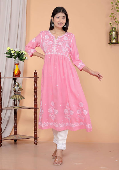 Women's Rayon Embroidered vcut Collar Anarkali Kurti with Pant (Pink)
