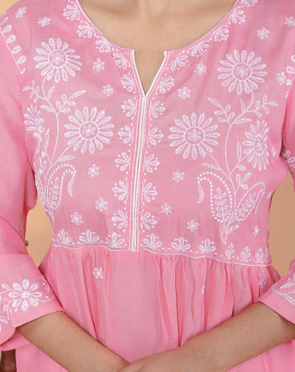 Women's Rayon Embroidered vcut Collar Anarkali Kurti with Pant (Pink)