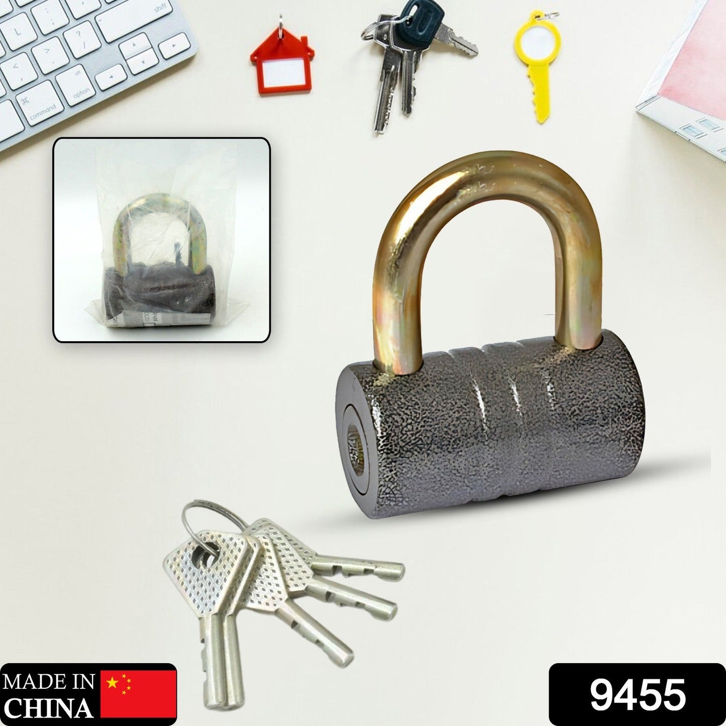 Heavy-Duty Iron Padlock – 82mm Black Spray Lock with Brass Core & 5 Keys, Waterproof & Anti-Theft