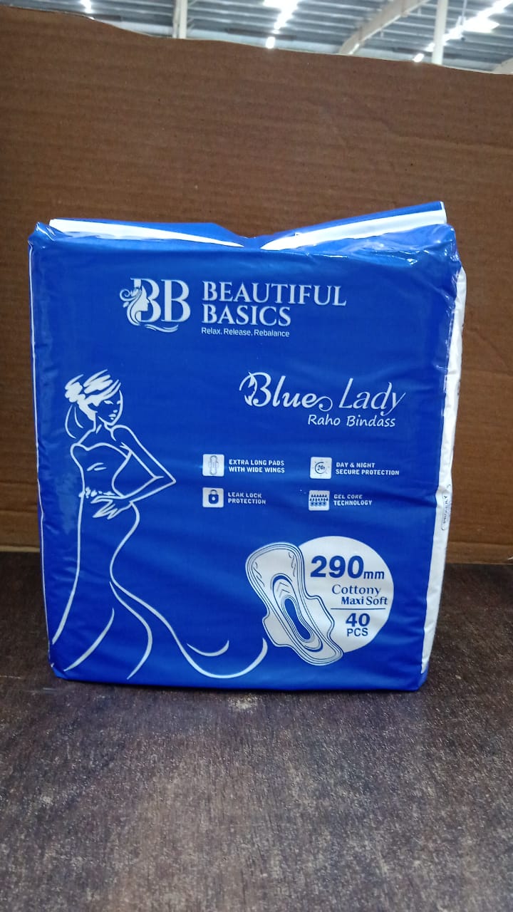 Beautiful Basics Blue Lady Extra Long Pads With Wides Wings Sanitary Pads – 290 mm, 40-Pack