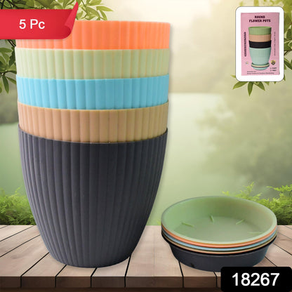Round Plastic Flower Pot with Bottom Tray (5 Pcs Set / With Color Box)